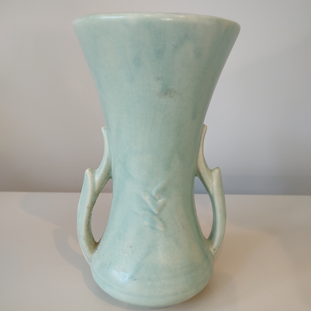McCoy Pottery Vintage Green Double Handle Floral Vase 1940s